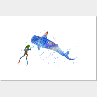 Scuba diver, blue whale shark Posters and Art